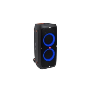 Grote JBL Partybox 310 speaker met twee rondverlichte blauwe ringen en wieltjes aan de onderkant voor eenvoudig transport.