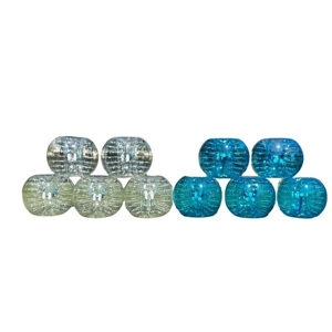 Set doorzichtige en blauwe bubbelballen voor bubbelvoetbal, te huur bij Move For Fun.