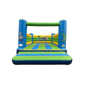 Blauw-groen ruimtevaart springkussen met astronaut en maan-illustraties, ideaal voor verhuur op kinderfeestjes en buitenevenementen.