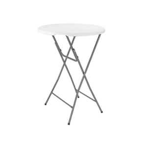 Ronde witte statafel met inklapbaar metalen onderstel, ideaal voor evenementen en feesten.