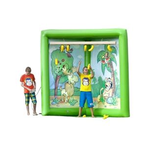 Opblaasbaar stokvangen spel met jungle thema waarbij kinderen bananen proberen te vangen.