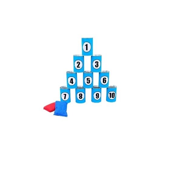 Stapel blauwgekleurde blikjes met nummers 1 t/m 10, met rode en blauwe werpzakkies ernaast voor het blikgooien spel.