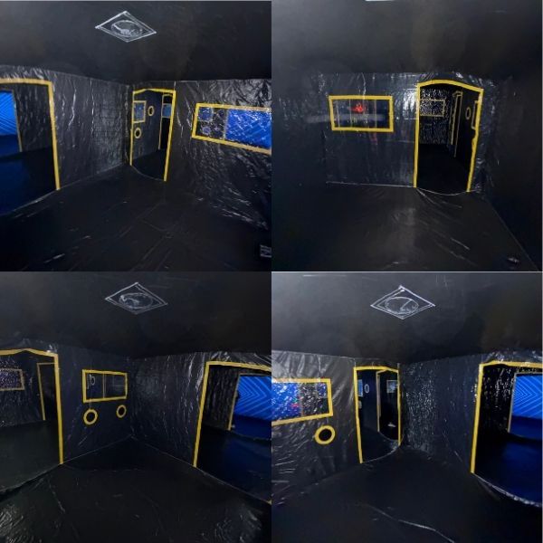 Lasergame arena obstakel Opblaasbare hindernisblokken van de Lasergame Arena met zwart design en neon lijnen, geschikt voor binnen en buiten.