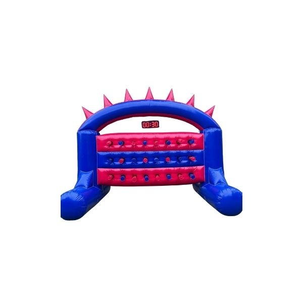 Reactiewand springkussen Opblaasbare blauw-rode reactiewand met lichtknoppen en timer, gebruikt als actief spel voor evenementen.
