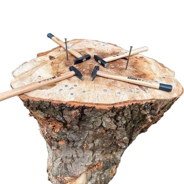 Spijkerslaan spel boomstam Houten boomstam met meerdere hamers en spijkers erop voor het Spijkerslaan spel, gefotografeerd van bovenaf.