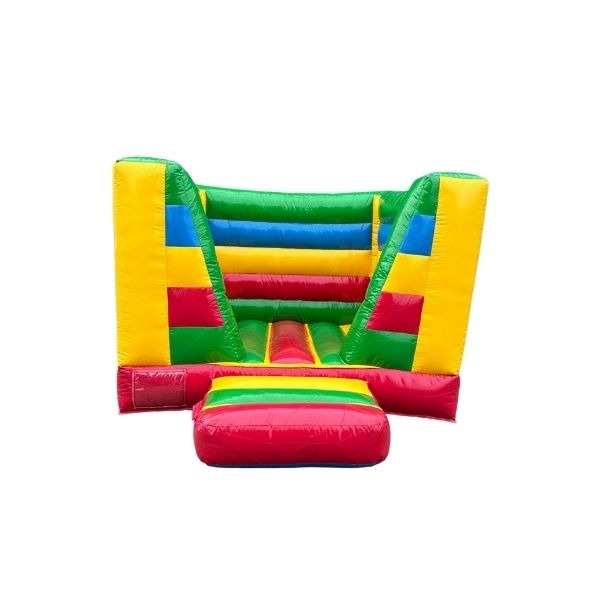 Klein rood-geel-groen feest springkussen met kleurrijke vlakken, ideaal voor verhuur bij kinderfeestjes thuis of op kleine locaties.