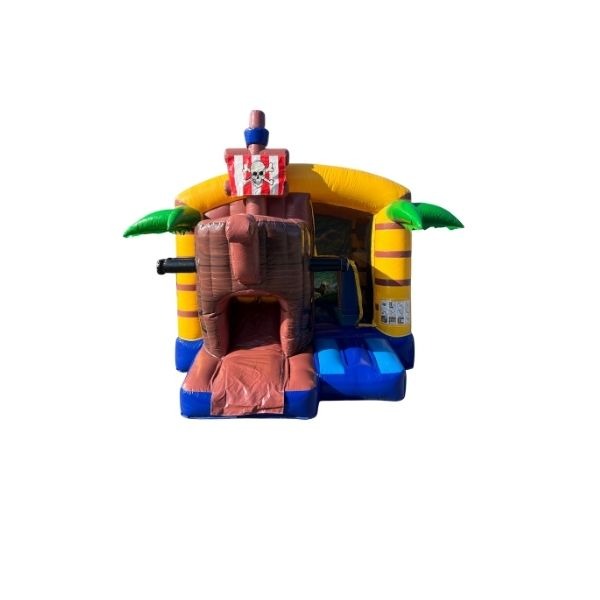 Multiplay Mini Piraat springkussen met glijbaan huren bij Move For Fun; kleurrijk piratenthema voor kinderfeestjes en evenementen.