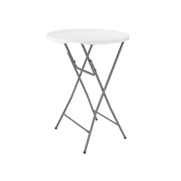Ronde witte statafel met inklapbaar metalen onderstel, ideaal voor evenementen en feesten.