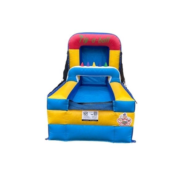 Opblaasbaar zweefbalspel met felblauwe en gele kleuren, gezien van voren, met kegels waar de ballen boven zweven tijdens het spel.